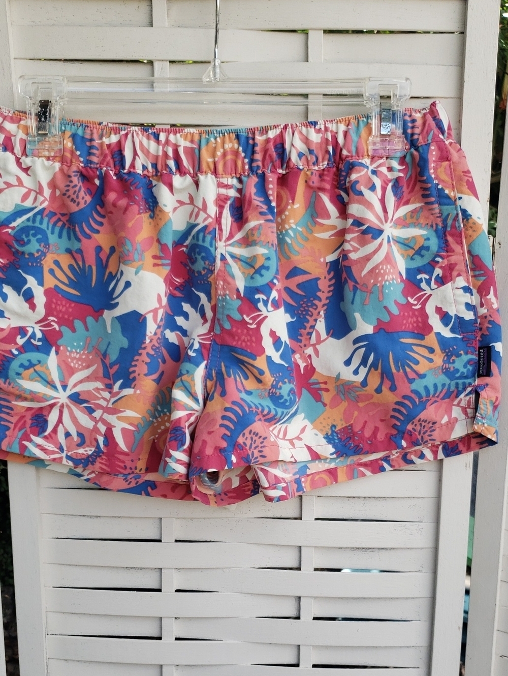 Patagonia Women's Tropical Floral Running Shorts - Coral, Blue & White Size M